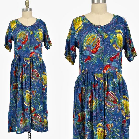 Vtg 70s Adini Tropical Fish Print Gauze Midi Button-Up Dress size Medium - Picture 13 of 13